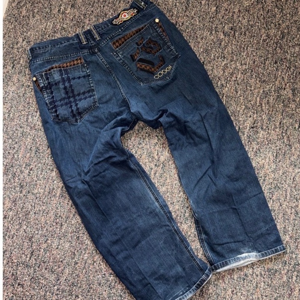 Y2K Coogi Australia Baggy Jeans Dark Wash Embroidered Houndstooth Mens W44 L35